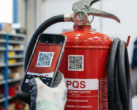 Etiqueta QR en extintor escaneada con un móvil